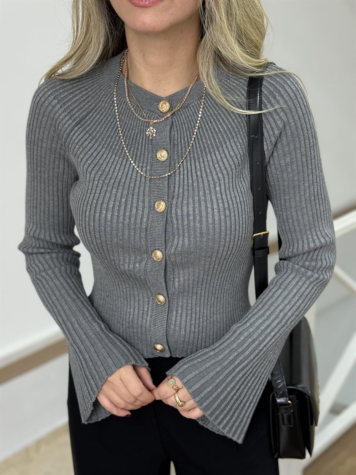 Dilvin Düğmeli İspanyol Kol Triko Hırka - Gri