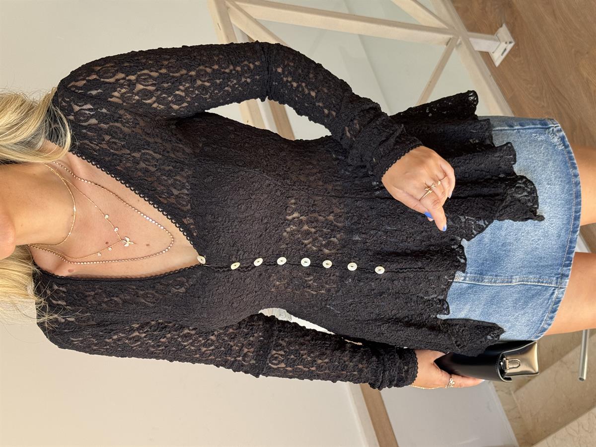 Dilvin Düğmeli Peplum Dantel Hırka - Siyah