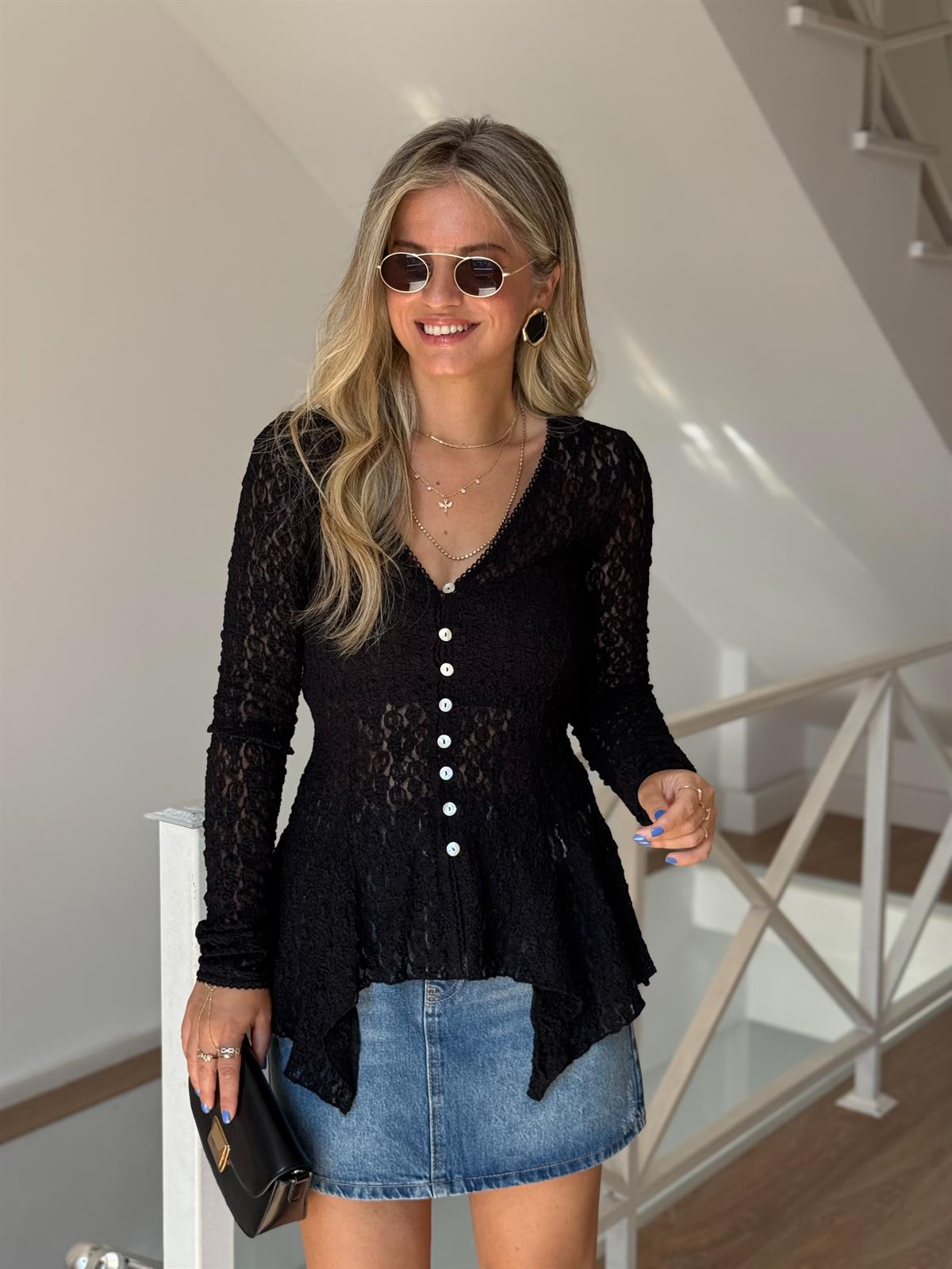 Dilvin Düğmeli Peplum Dantel Hırka - Siyah