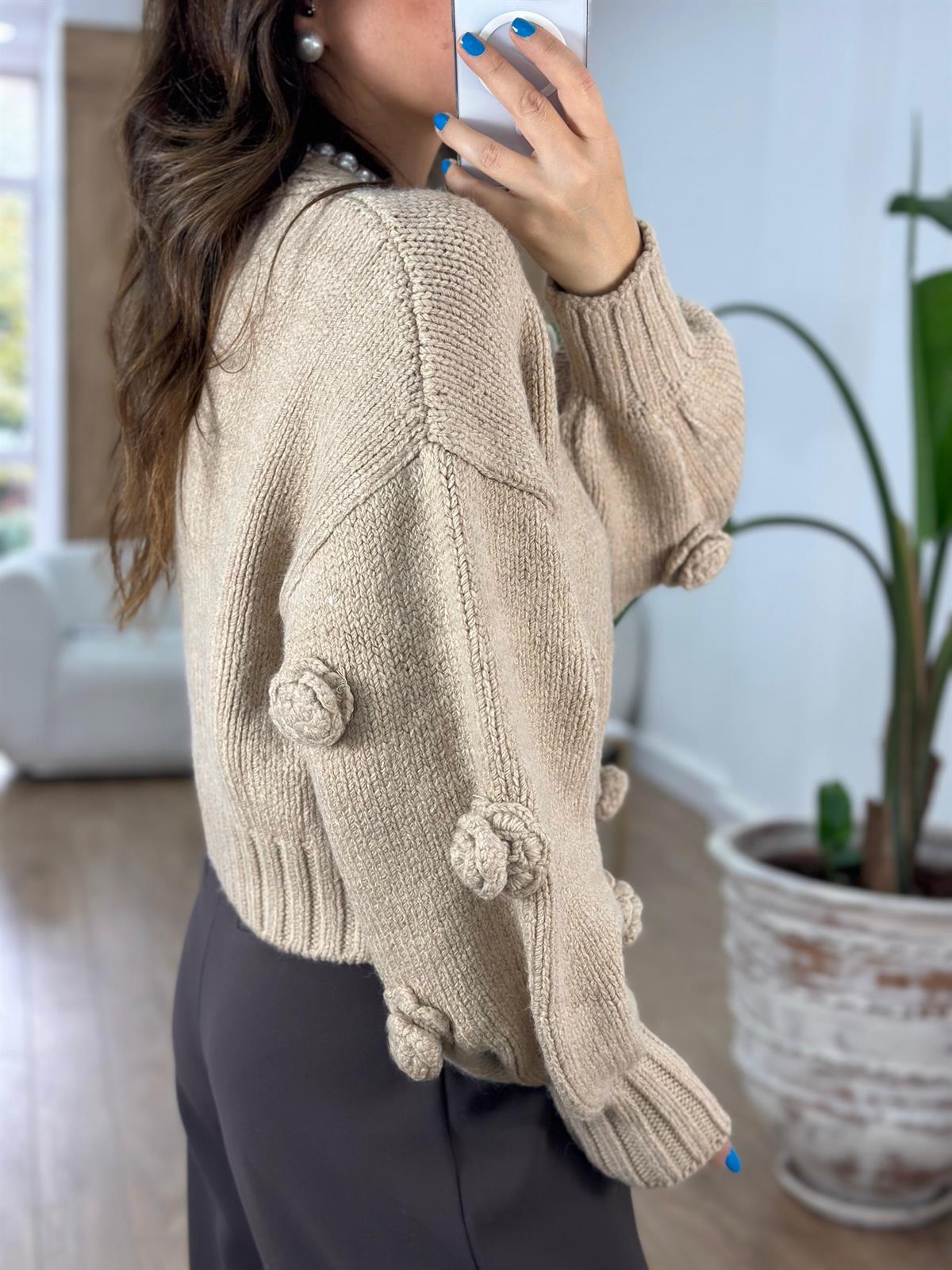 Dilvin El İşi Gül Nakışlı Triko Hırka - Koyu Bej