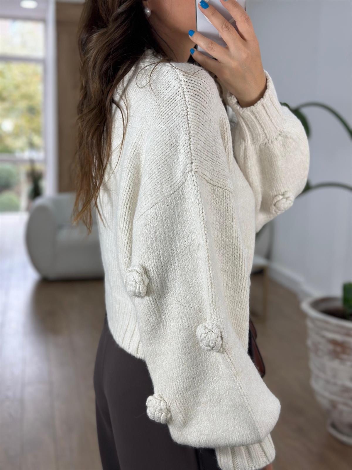 Dilvin El İşi Gül Nakışlı Triko Hırka - Ekru