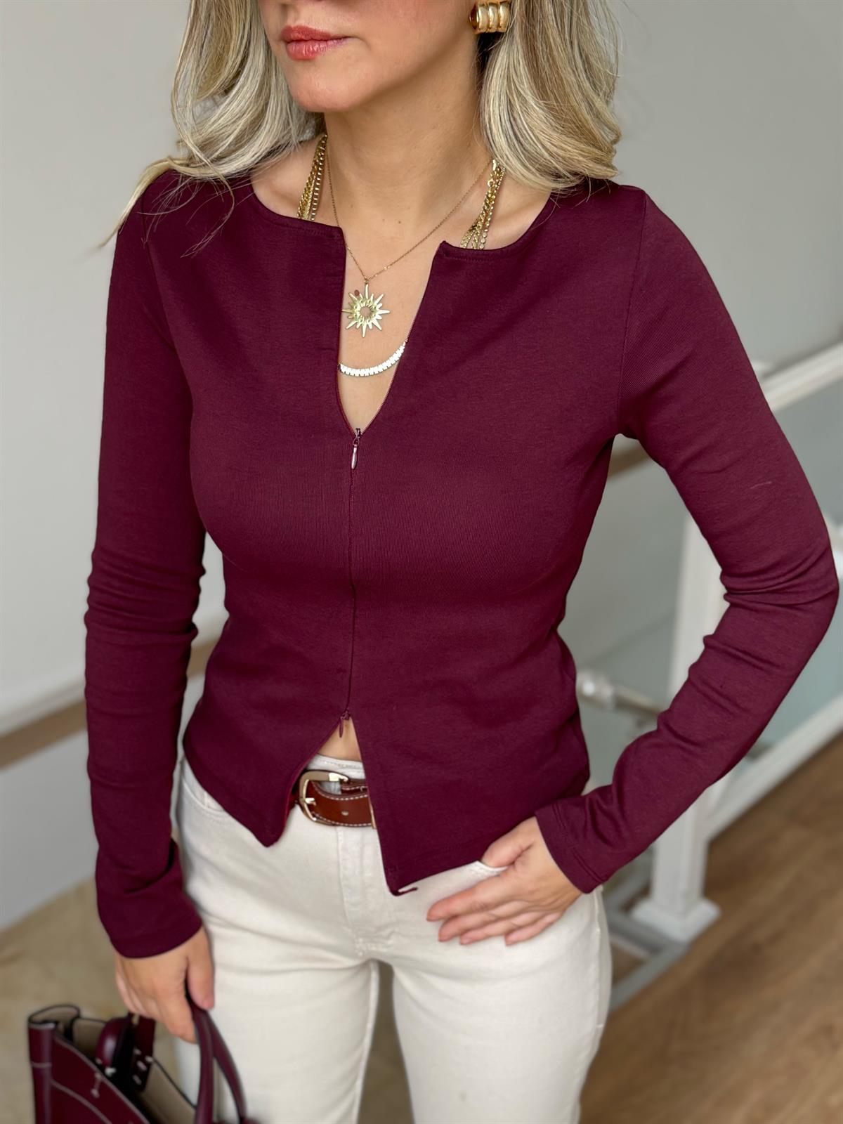 Dilvin Fermuar Detaylı Uzun Kollu Bluz - Bordo