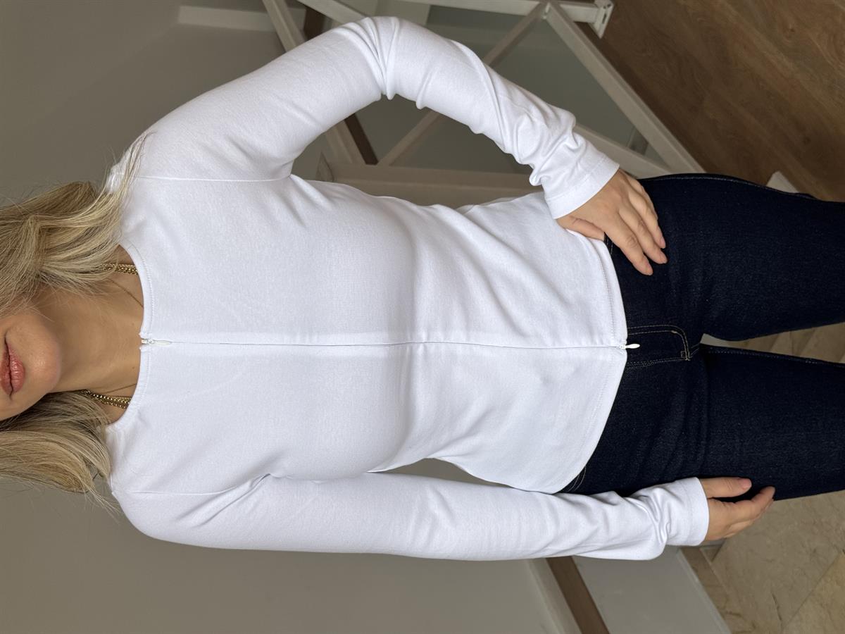 Dilvin Fermuar Detaylı Uzun Kollu Bluz - Beyaz