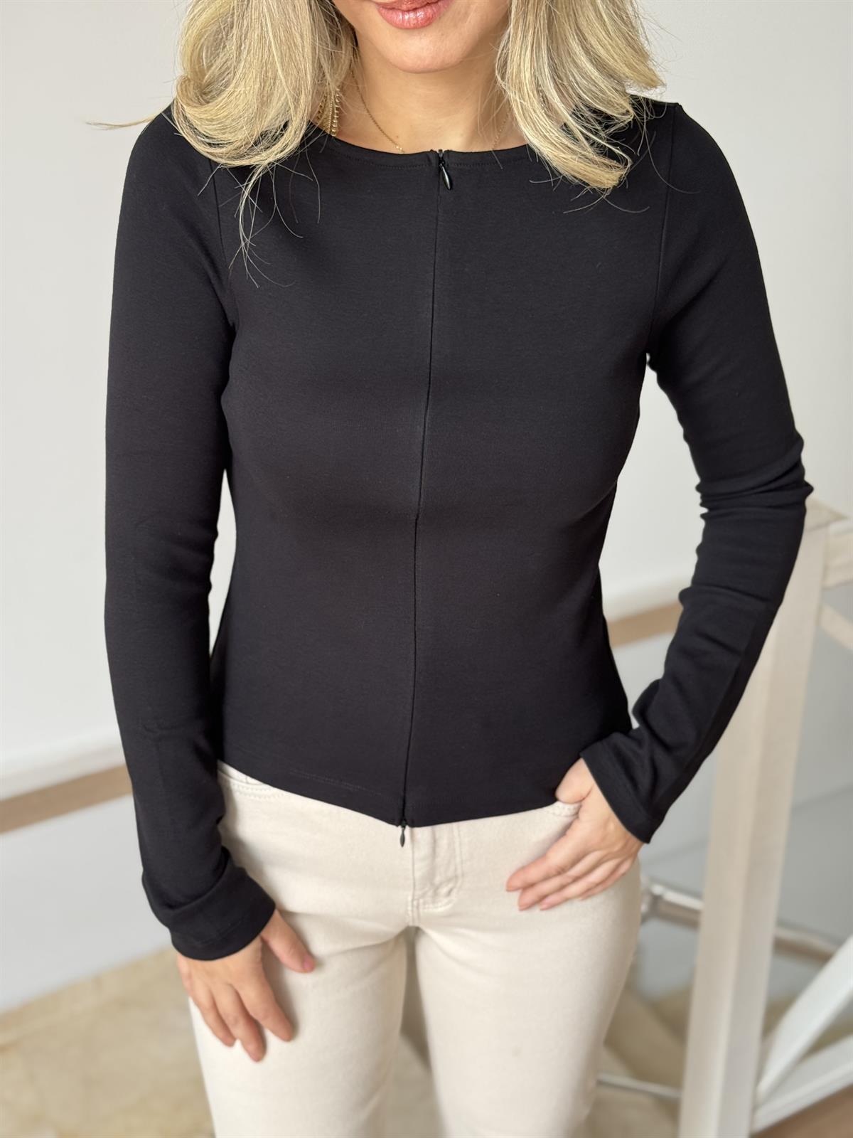 Dilvin Fermuar Detaylı Uzun Kollu Bluz - Siyah