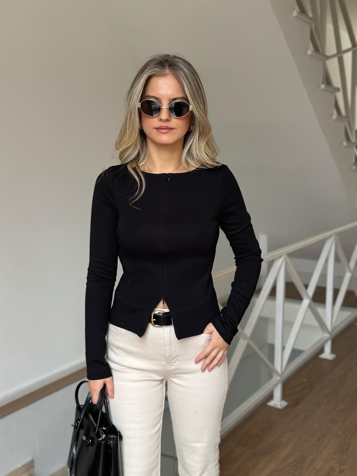 Dilvin Fermuar Detaylı Uzun Kollu Bluz - Siyah