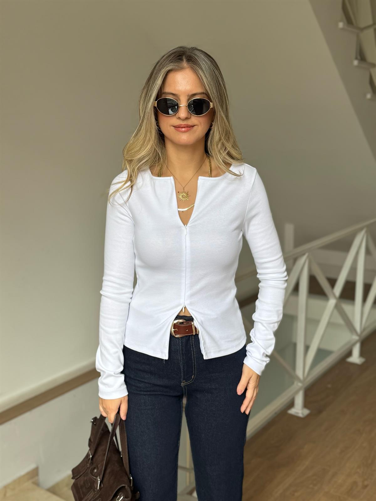 Dilvin Fermuar Detaylı Uzun Kollu Bluz - Beyaz