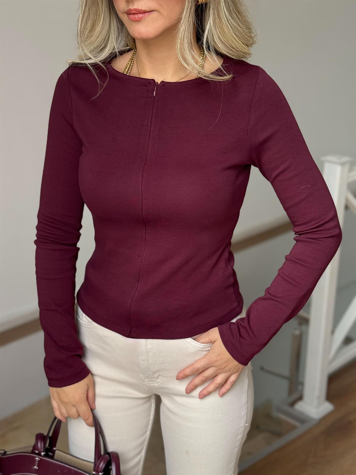 Dilvin Fermuar Detaylı Uzun Kollu Bluz - Bordo