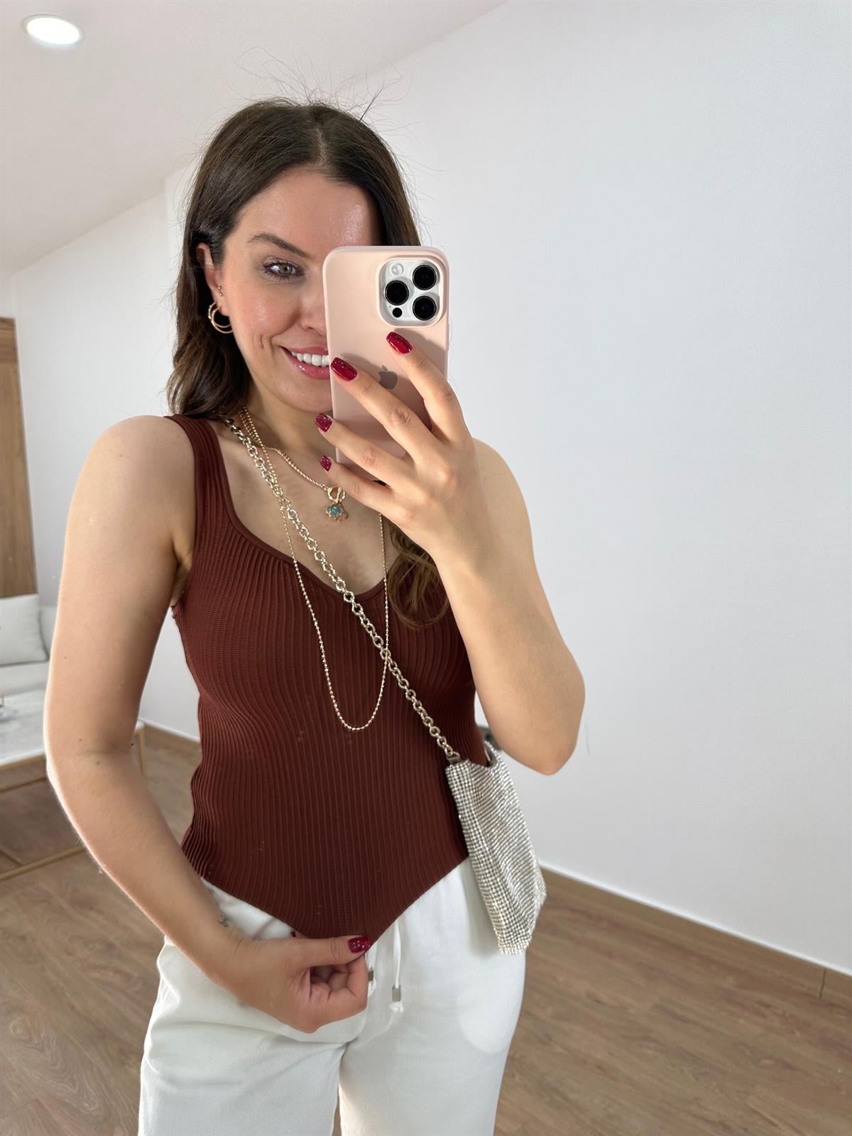 Dilvin Kare Yaka Bluz-Kestane