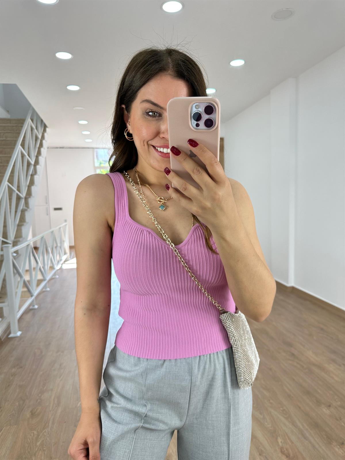 Dilvin Kare Yaka Bluz-Pembe