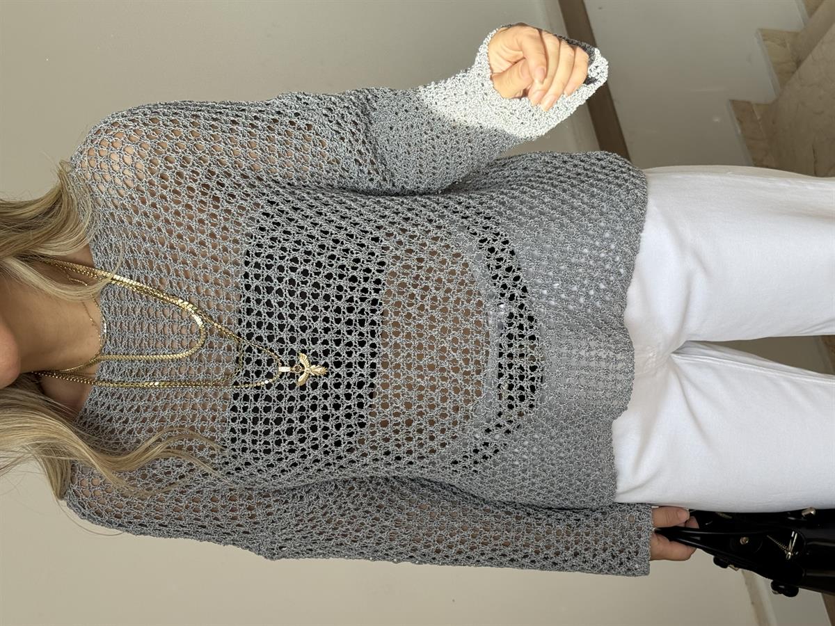 Dilvin Kayık Yaka Ajurlu Triko Bluz - Gri