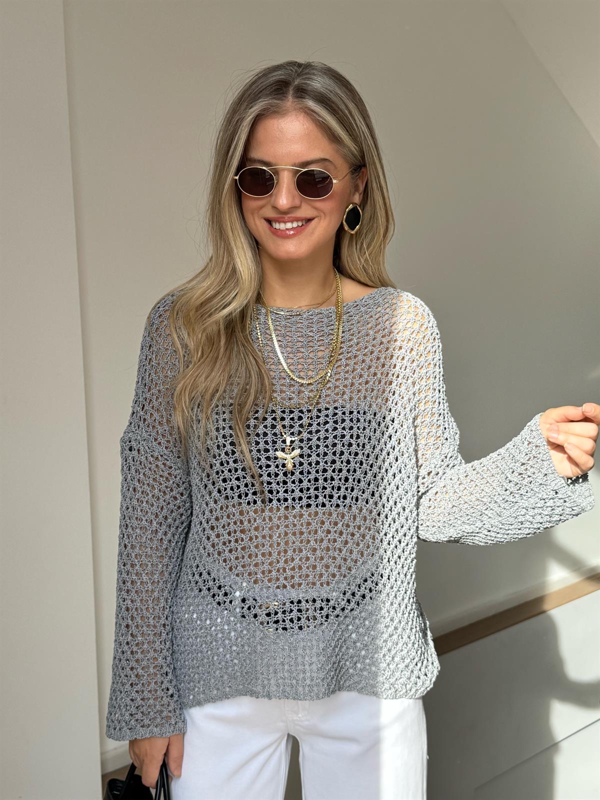 Dilvin Kayık Yaka Ajurlu Triko Bluz - Gri