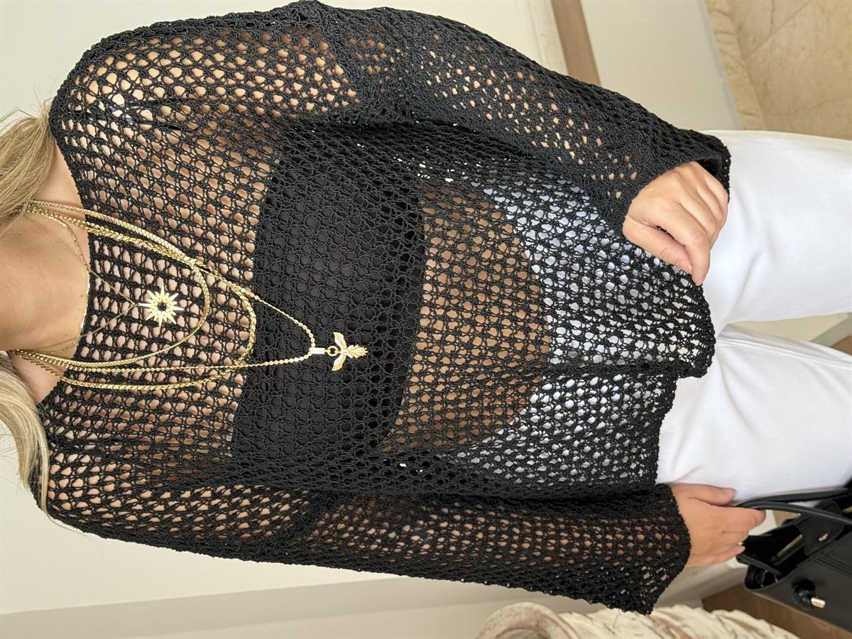 Dilvin Kayık Yaka Ajurlu Triko Bluz - Siyah