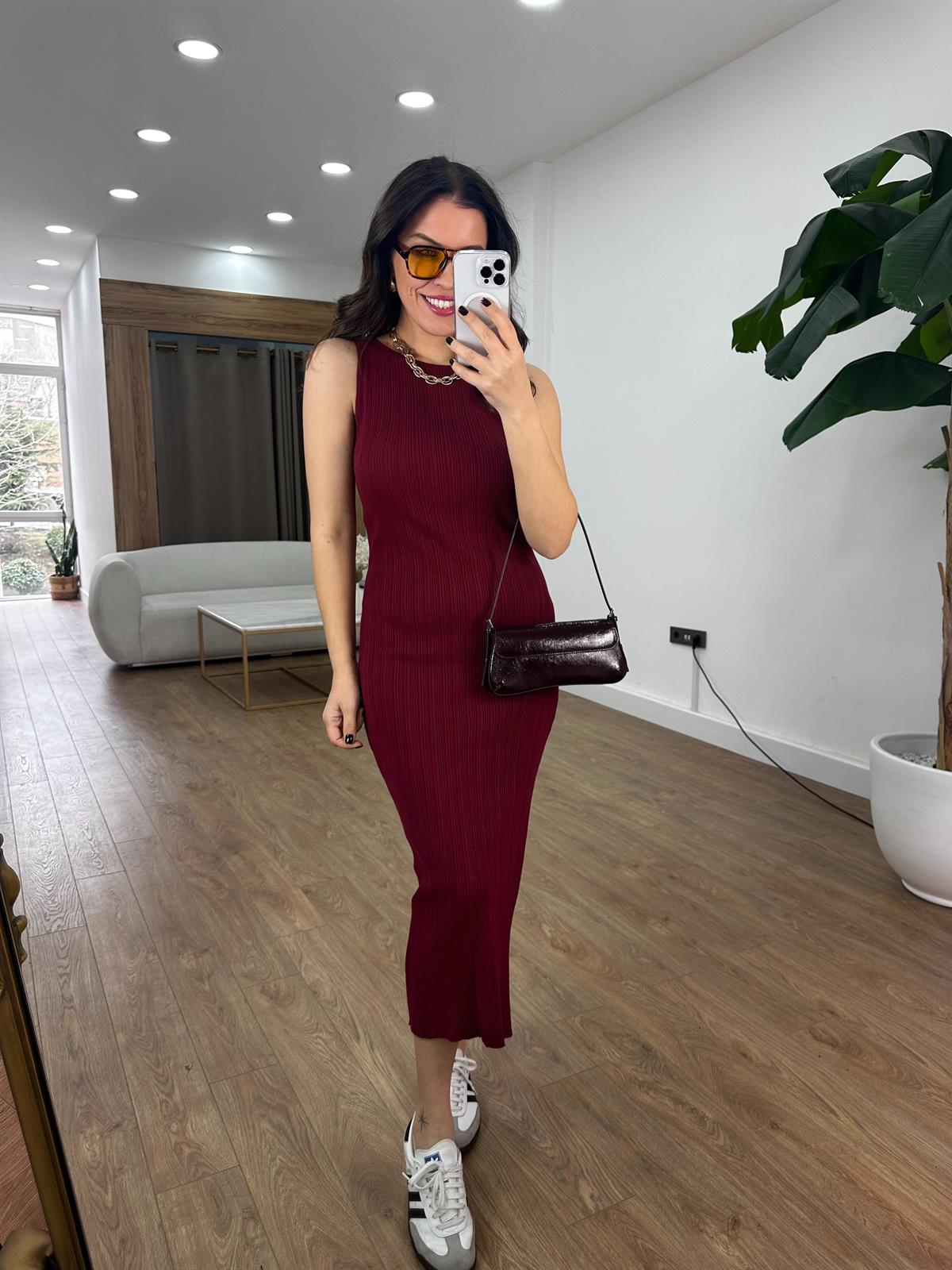 Dilvin Kayık Yaka Fitili Triko Elbise - Bordo