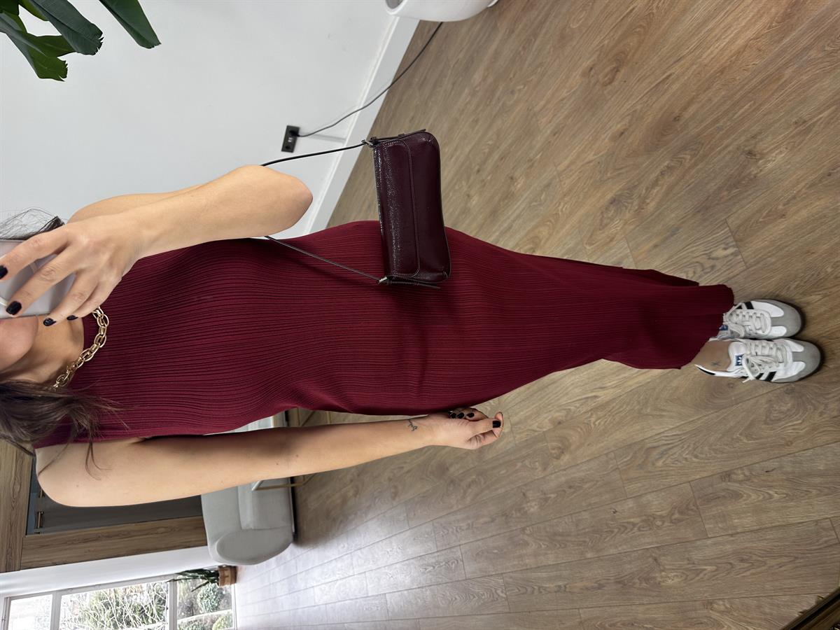 Dilvin Kayık Yaka Fitili Triko Elbise - Bordo