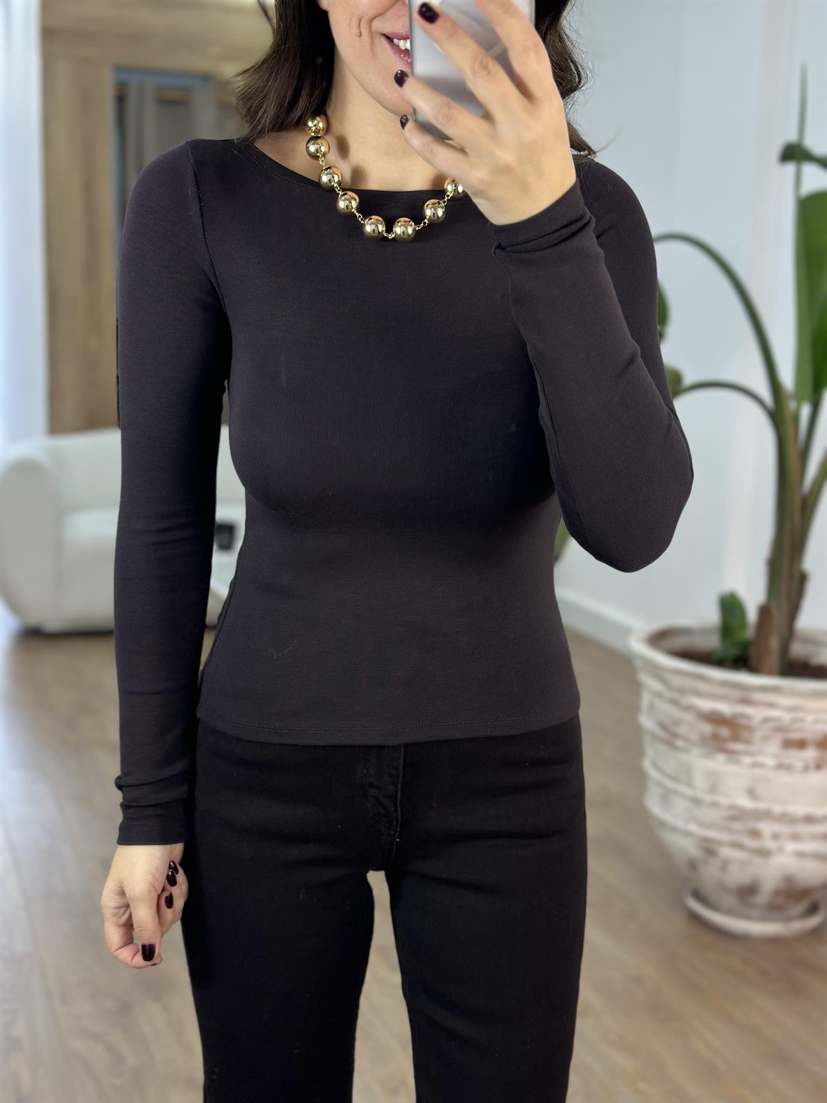 Dilvin Kayık Yaka Uzun Kol Basic - Acı Kahve