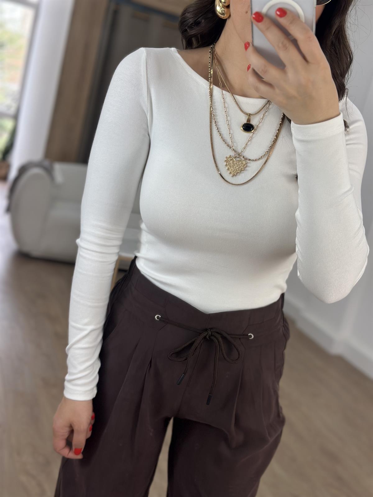 Dilvin Kayık Yaka Uzun Kol Basic - Ekru