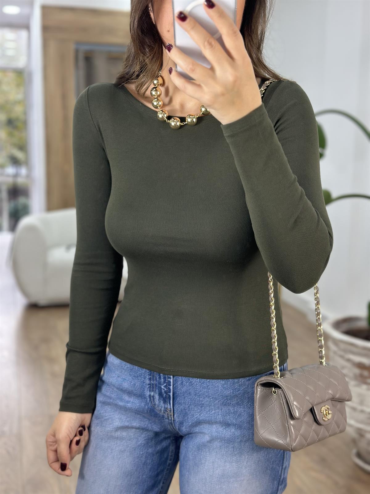 Dilvin Kayık Yaka Uzun Kol Basic - Koyu Haki