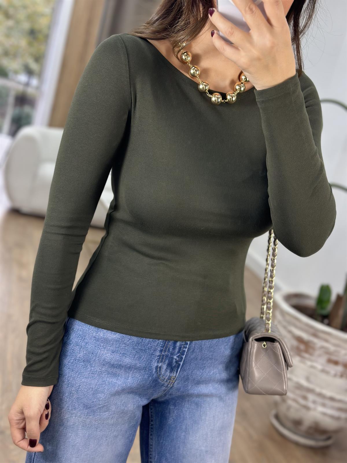 Dilvin Kayık Yaka Uzun Kol Basic - Koyu Haki