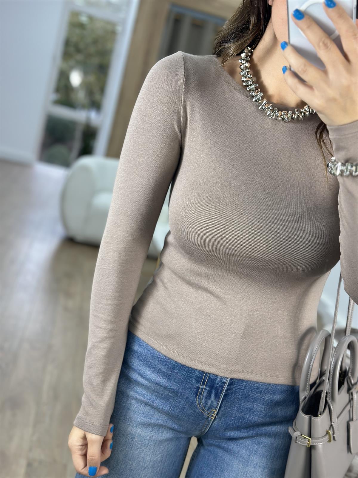 Dilvin Kayık Yaka Uzun Kol Basic - Vizon