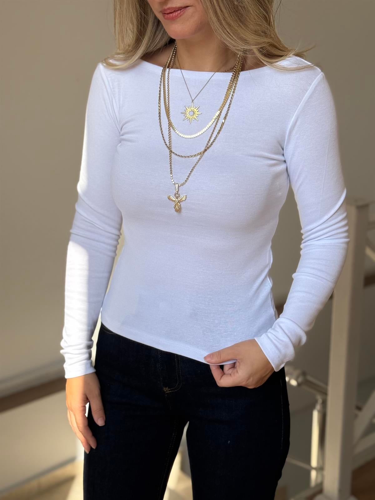 Dilvin Kayık Yaka Uzun Kollu Bluz - Beyaz