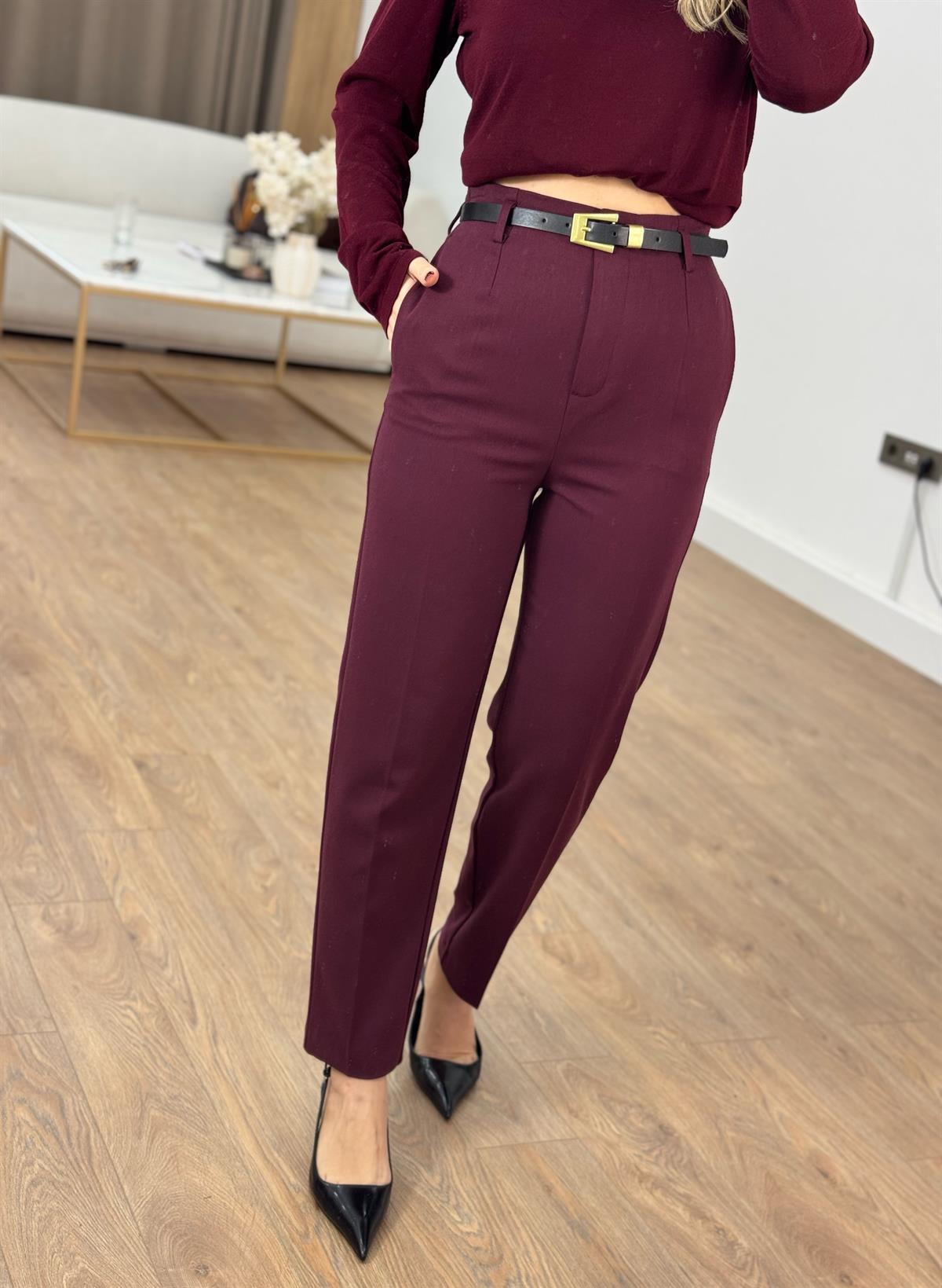 Dilvin Kemerli Yüksek Bel Pantolon - Bordo