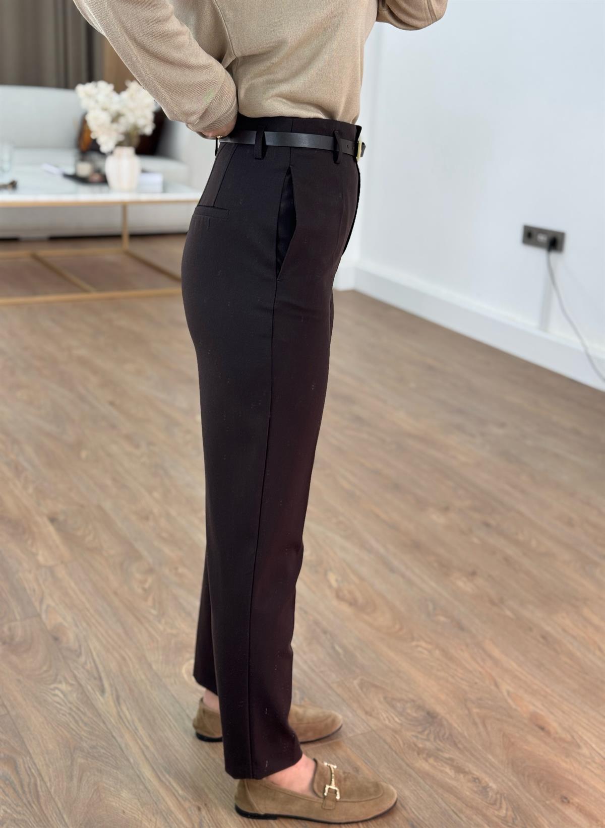 Dilvin Kemerli Yüksek Bel Pantolon - Kahverengi