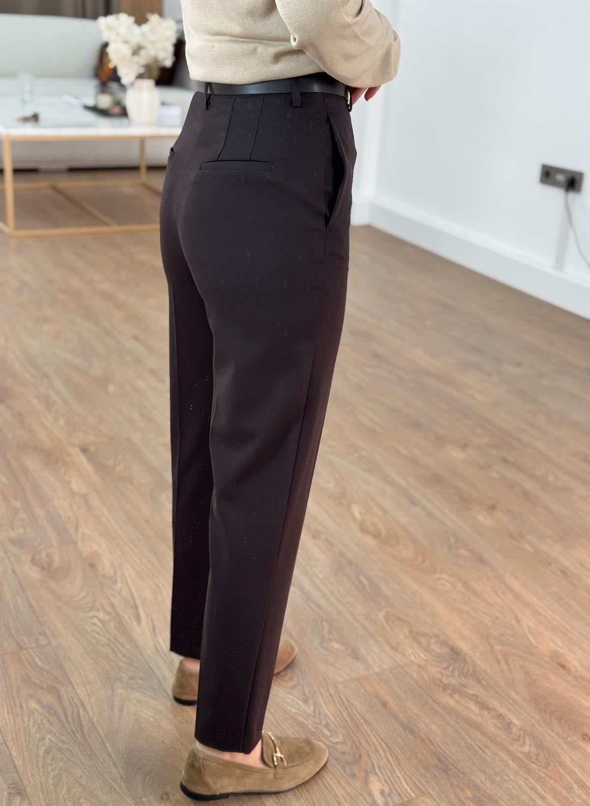 Dilvin Kemerli Yüksek Bel Pantolon - Kahverengi