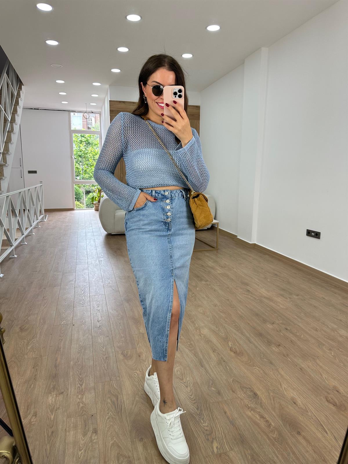 Dilvin Önden Yırtmaçlı Denim Etek