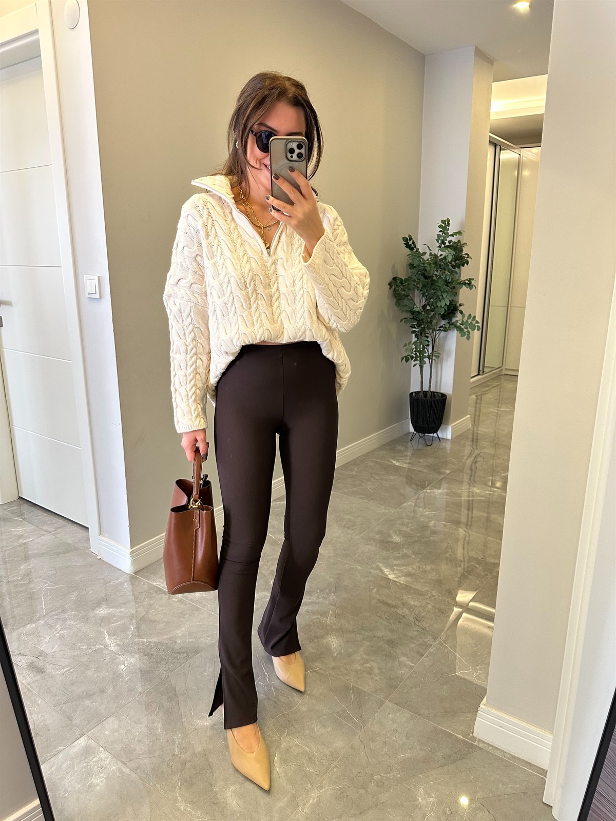 Dilvin Paçası Yırtmaçlı Ottoman Tayt - Kahverengi