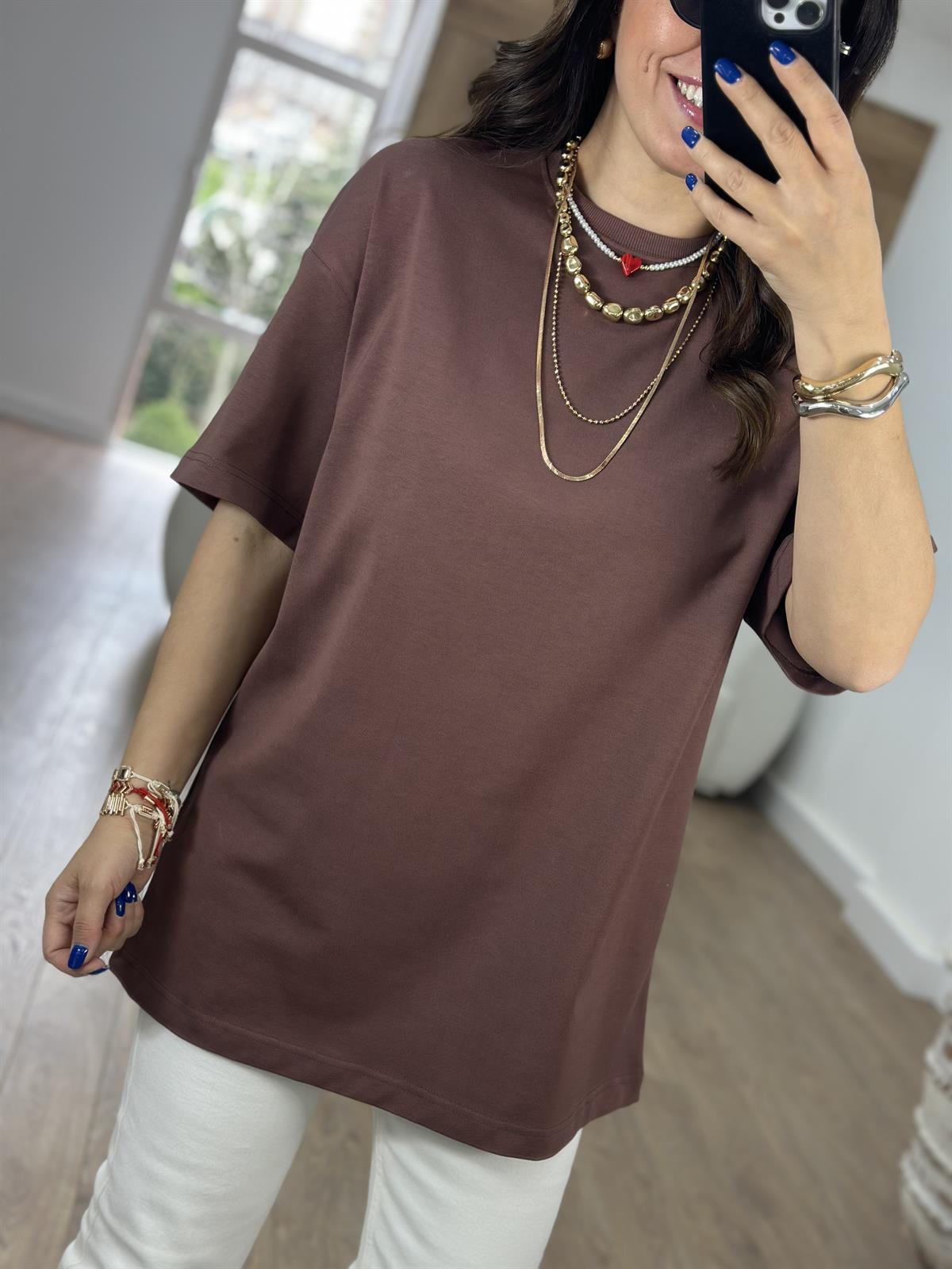 Dilvin Pamuklu Oversize Tişört-Kahverengi