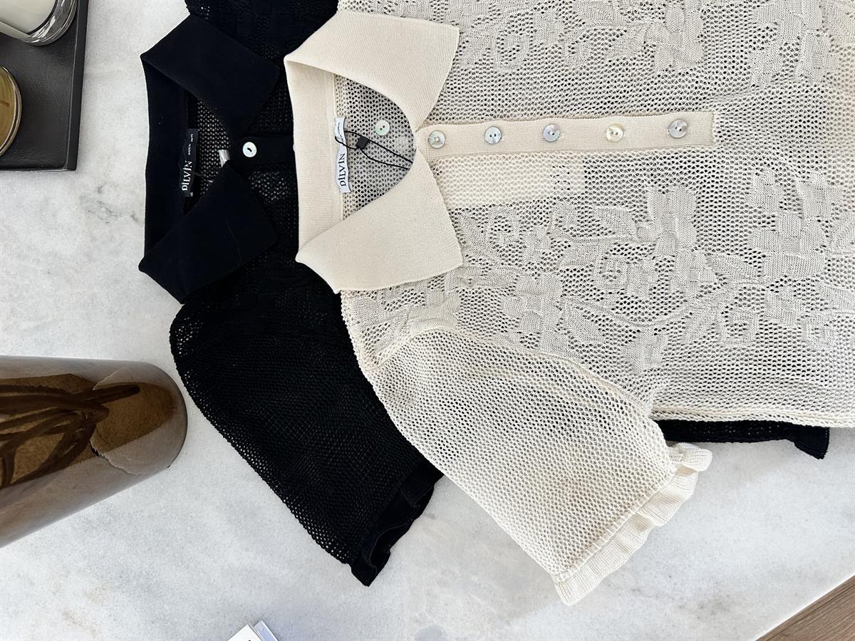 Dilvin Polo Yaka Ajurlu Düğmeli Triko-Ekru