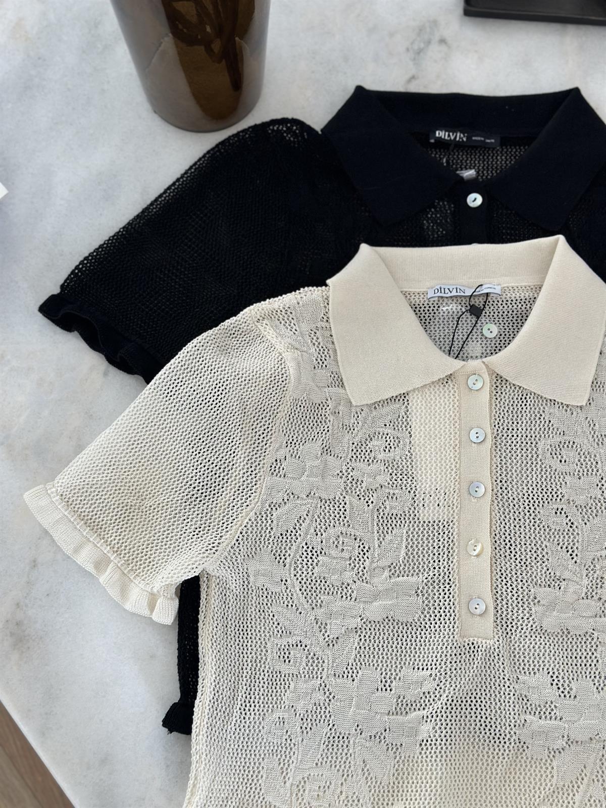 Dilvin Polo Yaka Ajurlu Düğmeli Triko-Siyah