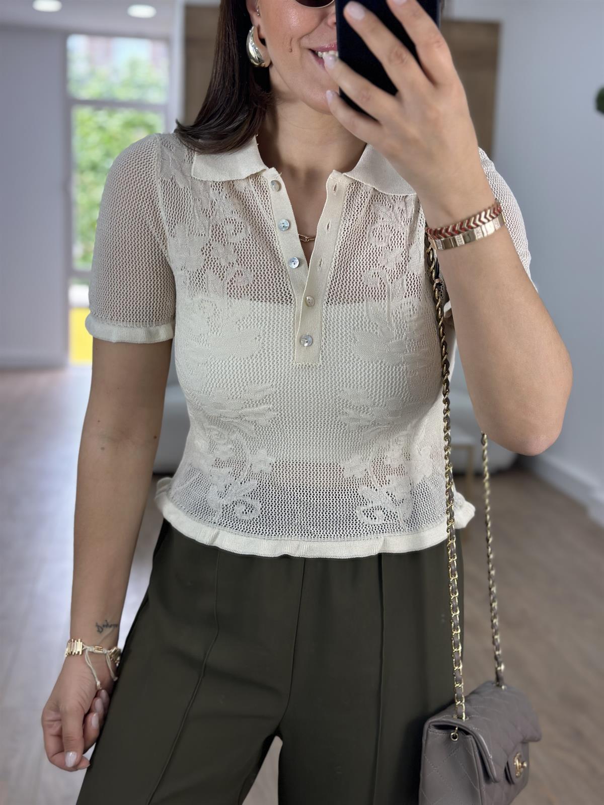 Dilvin Polo Yaka Ajurlu Düğmeli Triko-Ekru