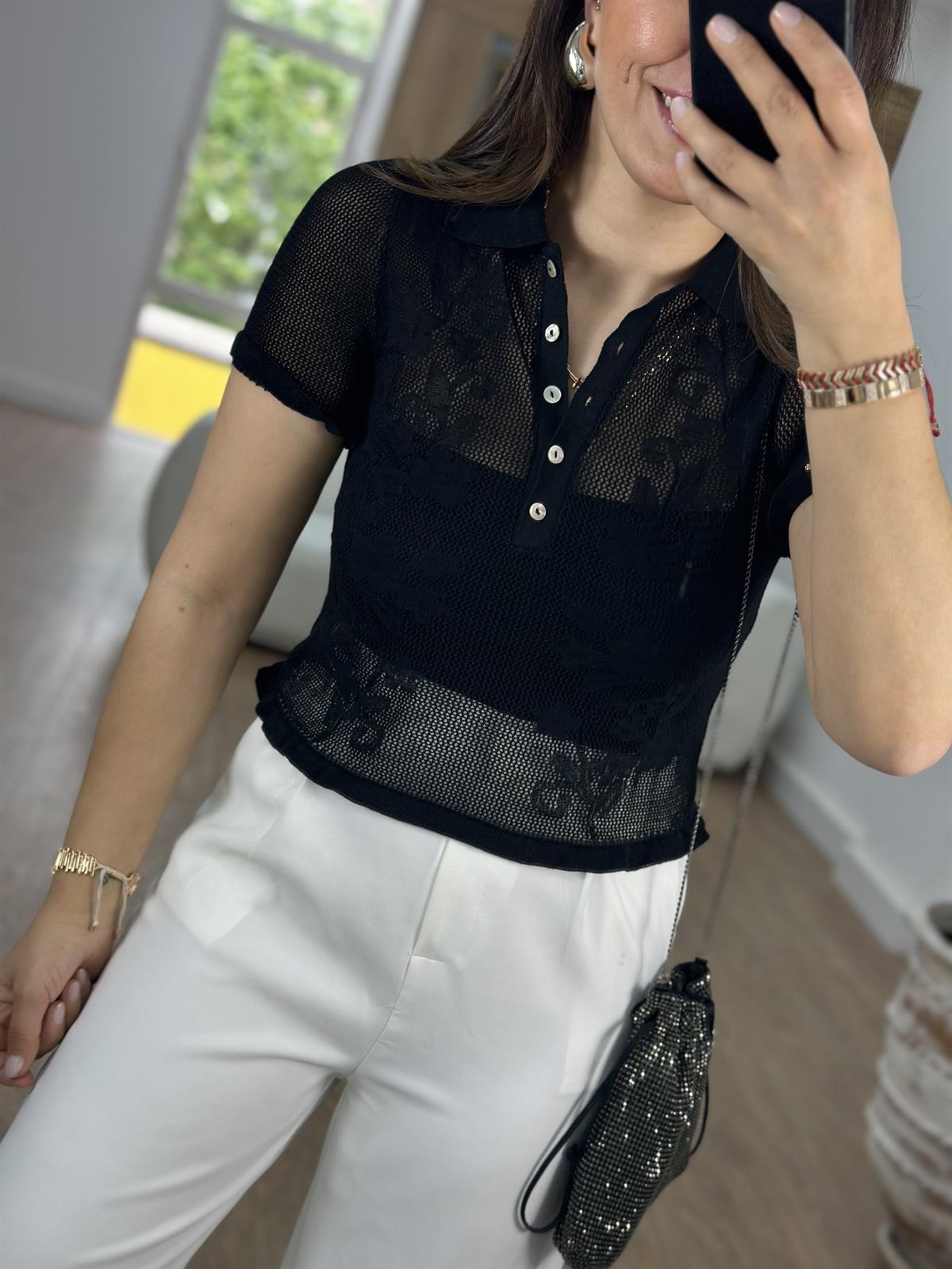 Dilvin Polo Yaka Ajurlu Düğmeli Triko-Siyah