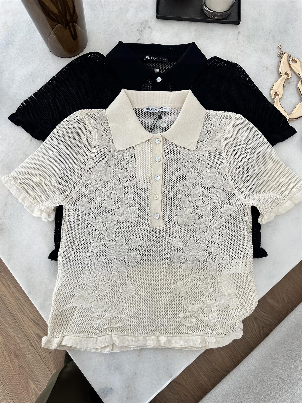 Dilvin Polo Yaka Ajurlu Düğmeli Triko-Ekru
