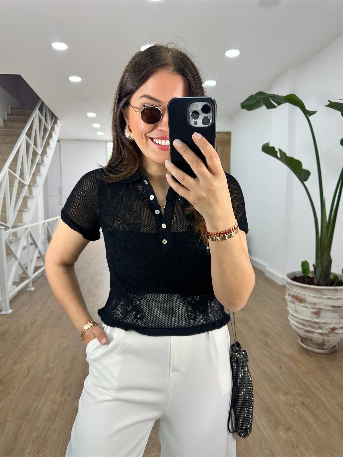 Dilvin Polo Yaka Ajurlu Düğmeli Triko-Siyah