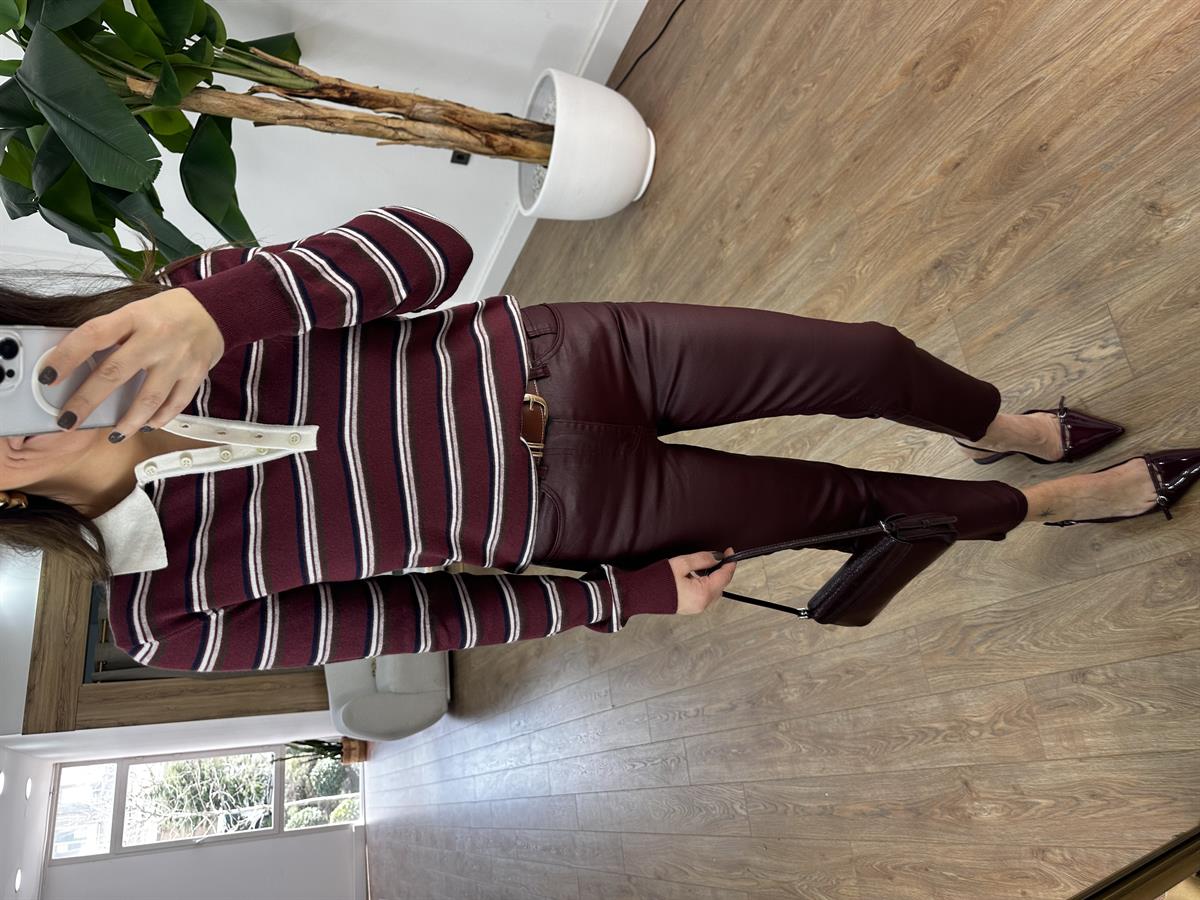 Dilvin Polo Yaka Çizgili Düğmeli Yumuşak Triko Kazak - Bordo