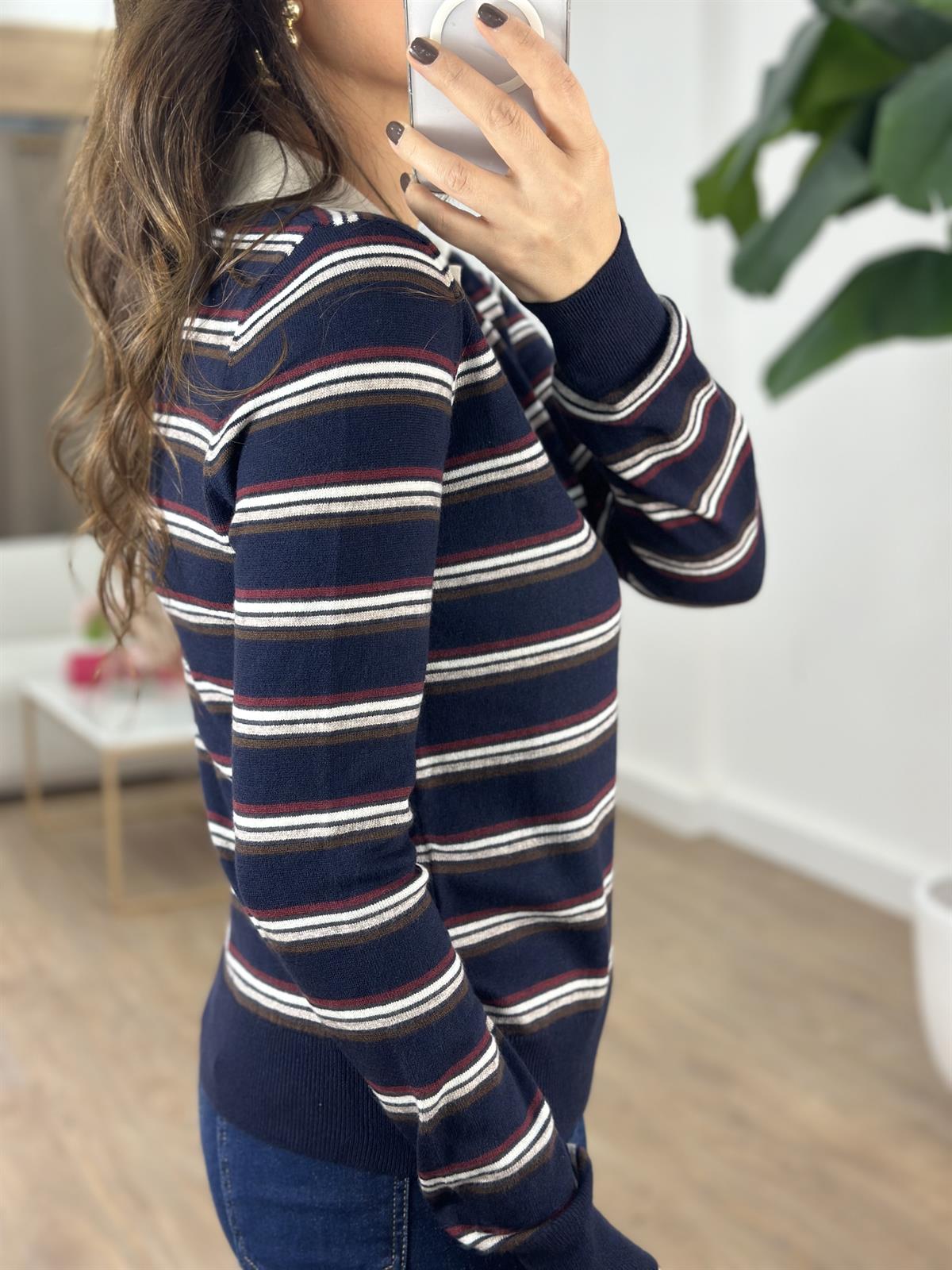 Dilvin Polo Yaka Çizgili Düğmeli Yumuşak Triko Kazak - Lacivert