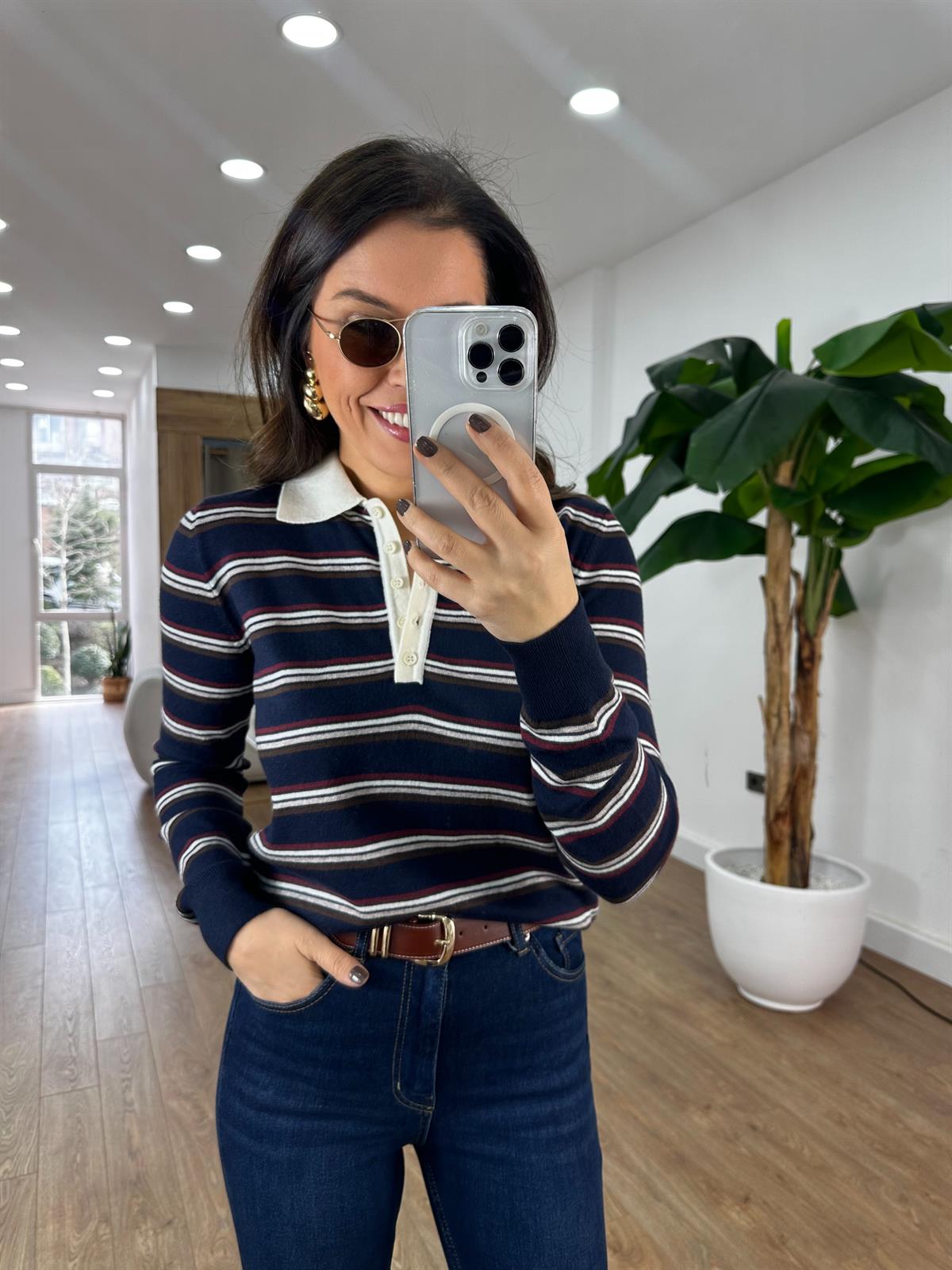 Dilvin Polo Yaka Çizgili Düğmeli Yumuşak Triko Kazak - Lacivert