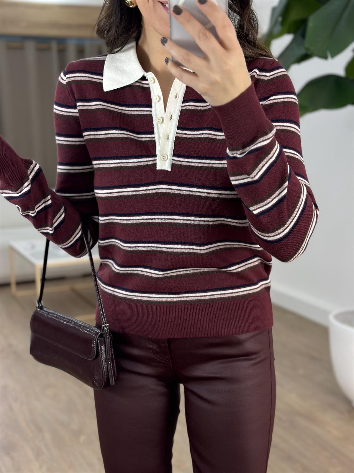 Dilvin Polo Yaka Çizgili Düğmeli Yumuşak Triko Kazak - Bordo