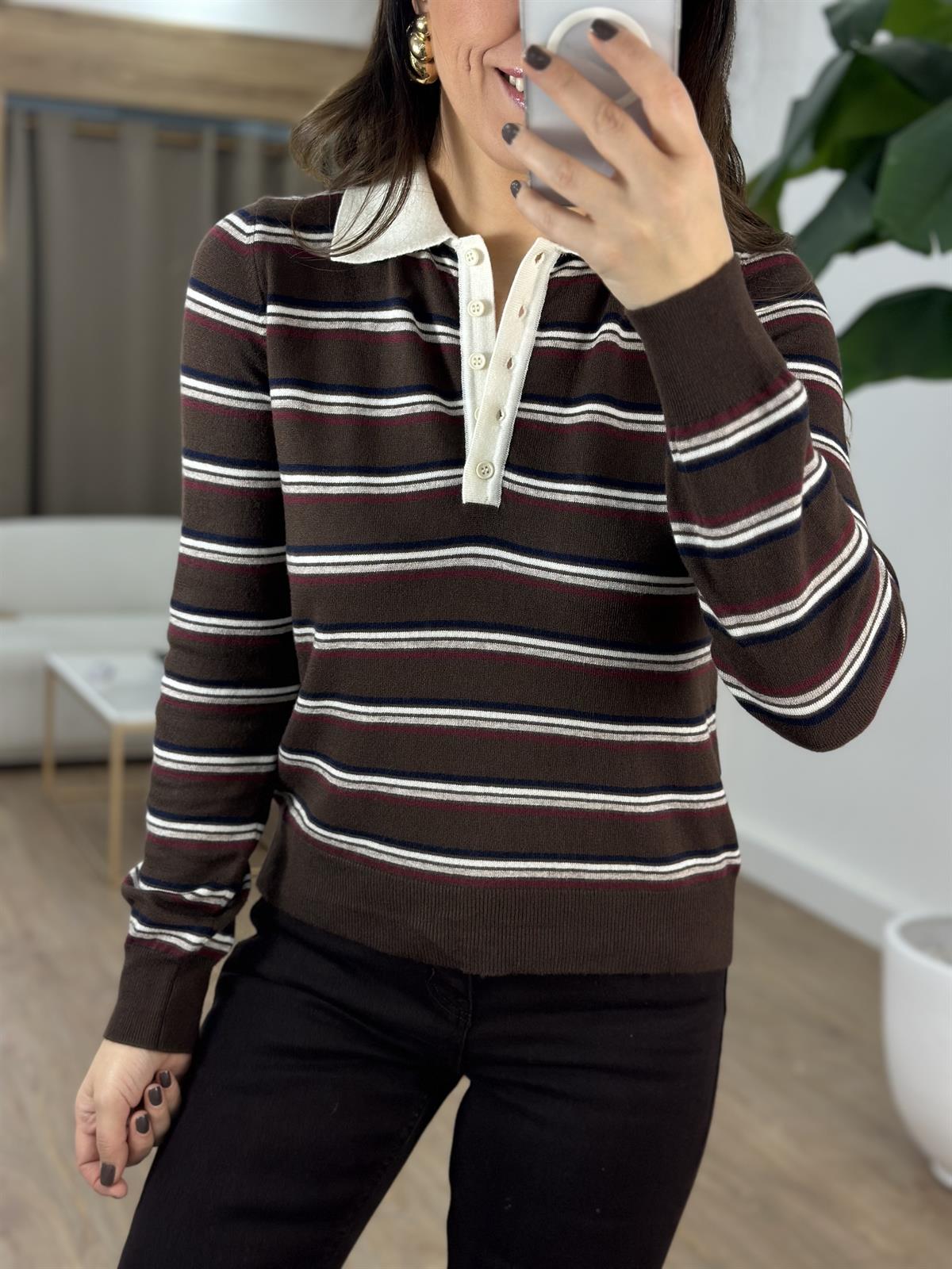 Dilvin Polo Yaka Çizgili Düğmeli Yumuşak Triko Kazak - Kahverengi