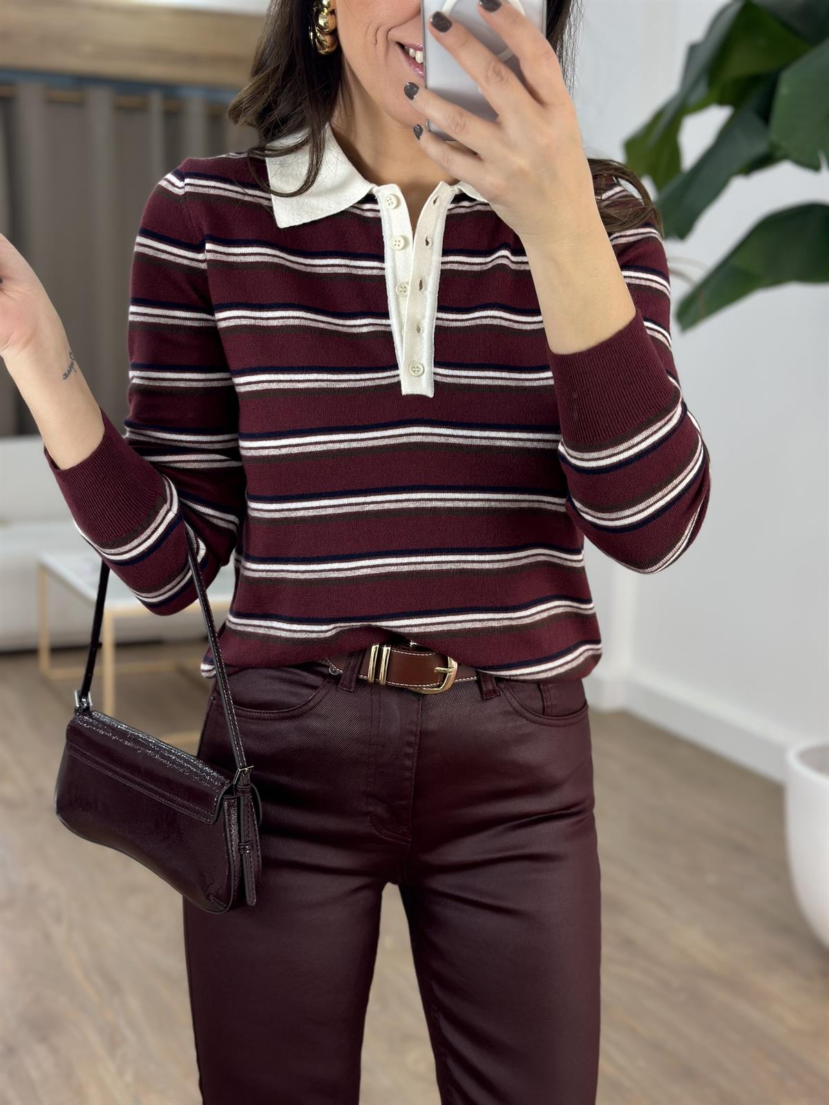 Dilvin Polo Yaka Çizgili Düğmeli Yumuşak Triko Kazak - Bordo