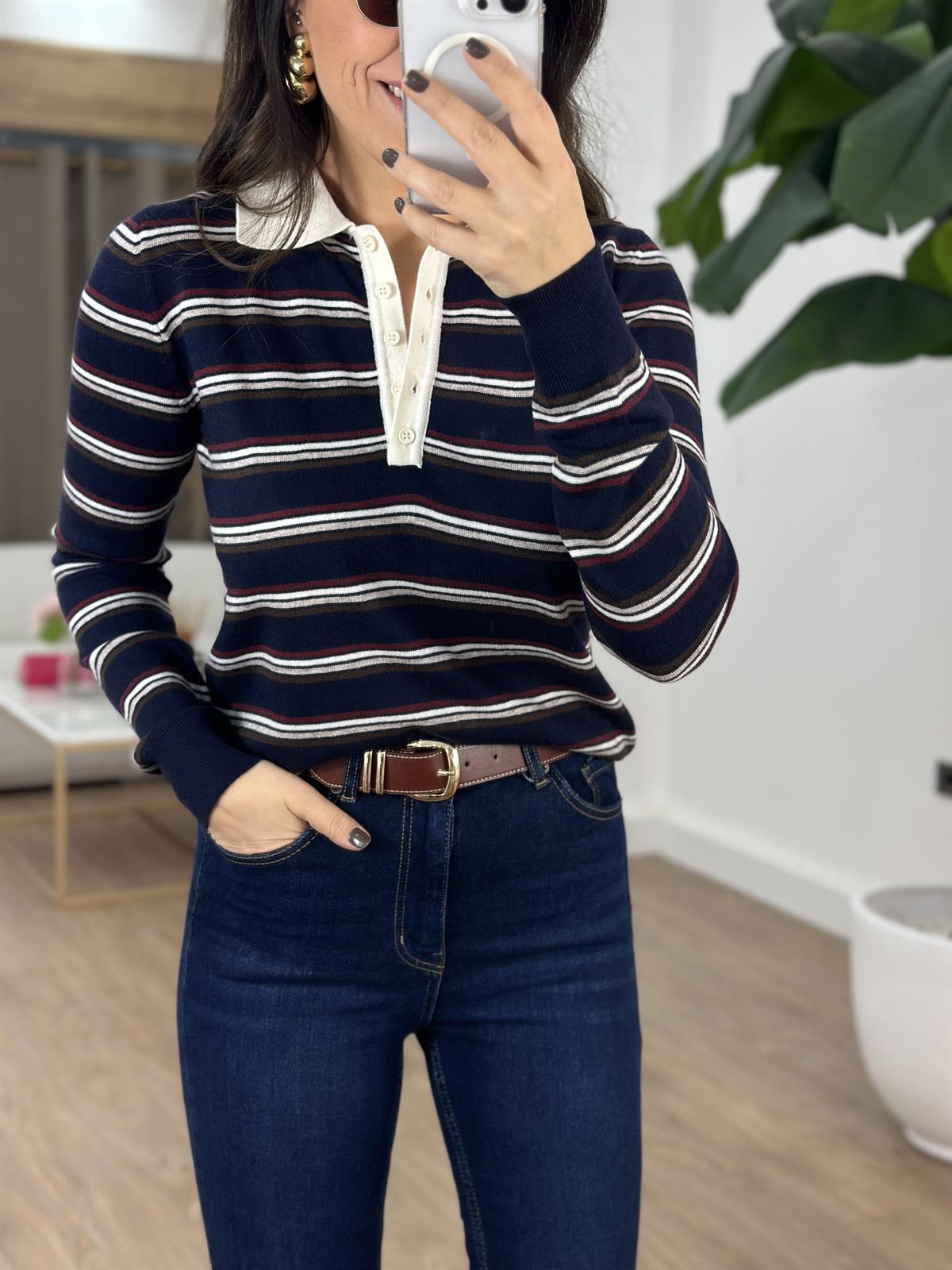 Dilvin Polo Yaka Çizgili Düğmeli Yumuşak Triko Kazak - Lacivert