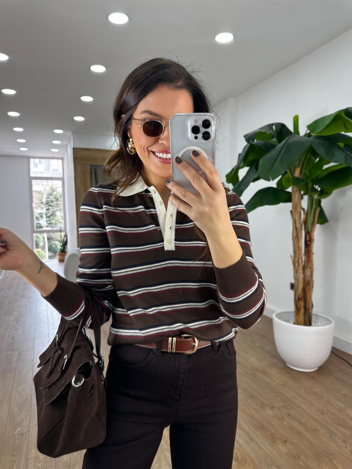 Dilvin Polo Yaka Çizgili Düğmeli Yumuşak Triko Kazak - Kahverengi