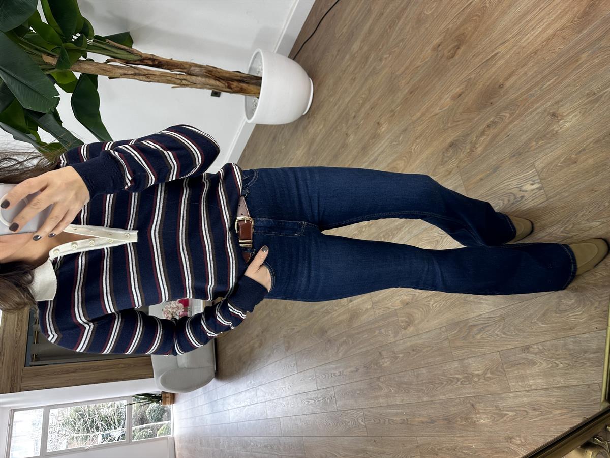 Dilvin Polo Yaka Çizgili Düğmeli Yumuşak Triko Kazak - Lacivert