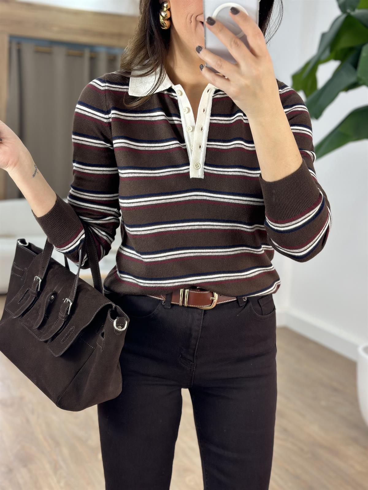 Dilvin Polo Yaka Çizgili Düğmeli Yumuşak Triko Kazak - Kahverengi