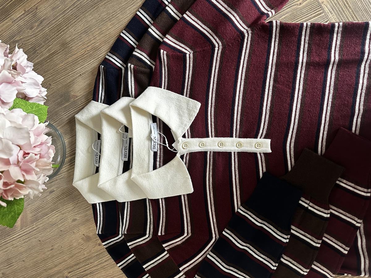 Dilvin Polo Yaka Çizgili Düğmeli Yumuşak Triko Kazak - Bordo