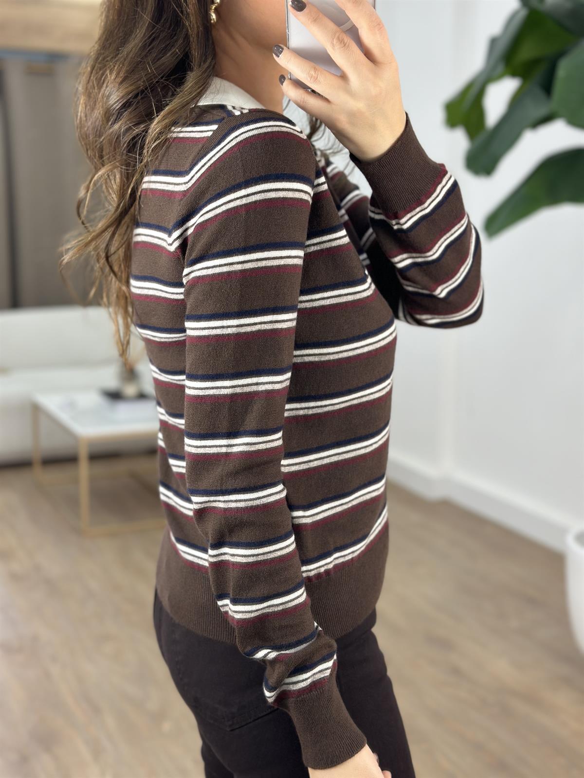 Dilvin Polo Yaka Çizgili Düğmeli Yumuşak Triko Kazak - Kahverengi