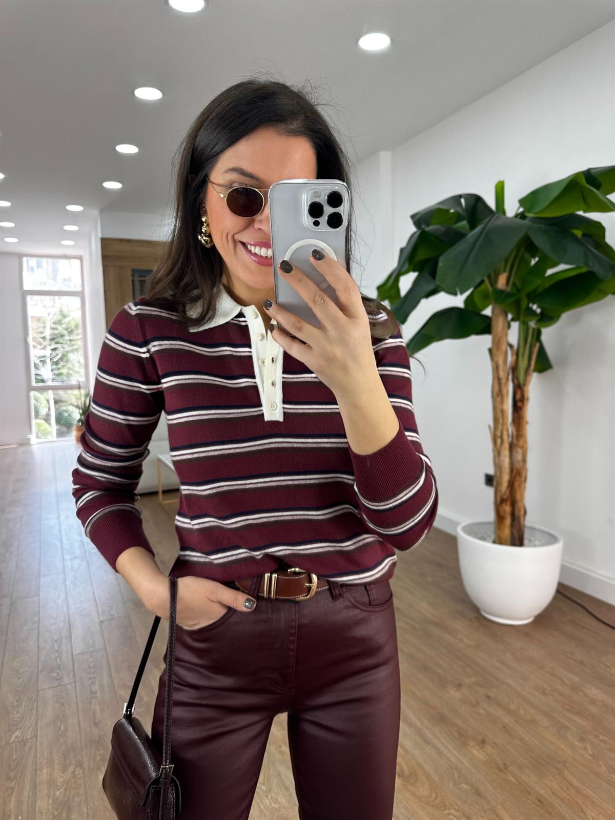 Dilvin Polo Yaka Çizgili Düğmeli Yumuşak Triko Kazak - Bordo