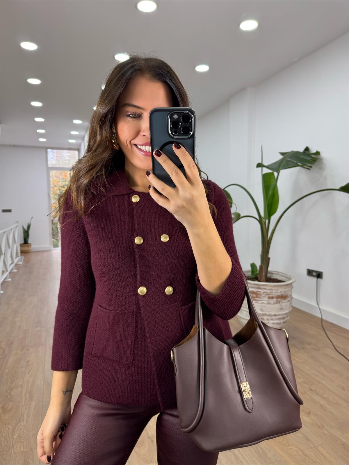 Dilvin Polo Yaka Düğmeli Cepli Triko Hırka - Bordo